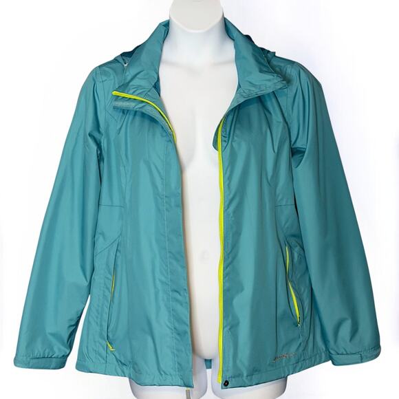 Y2K Eddie Bauer WeatherEdge Aqua Blue Hooded Windbreaker Rain Jacket Women Large - Picture 3 of 12
